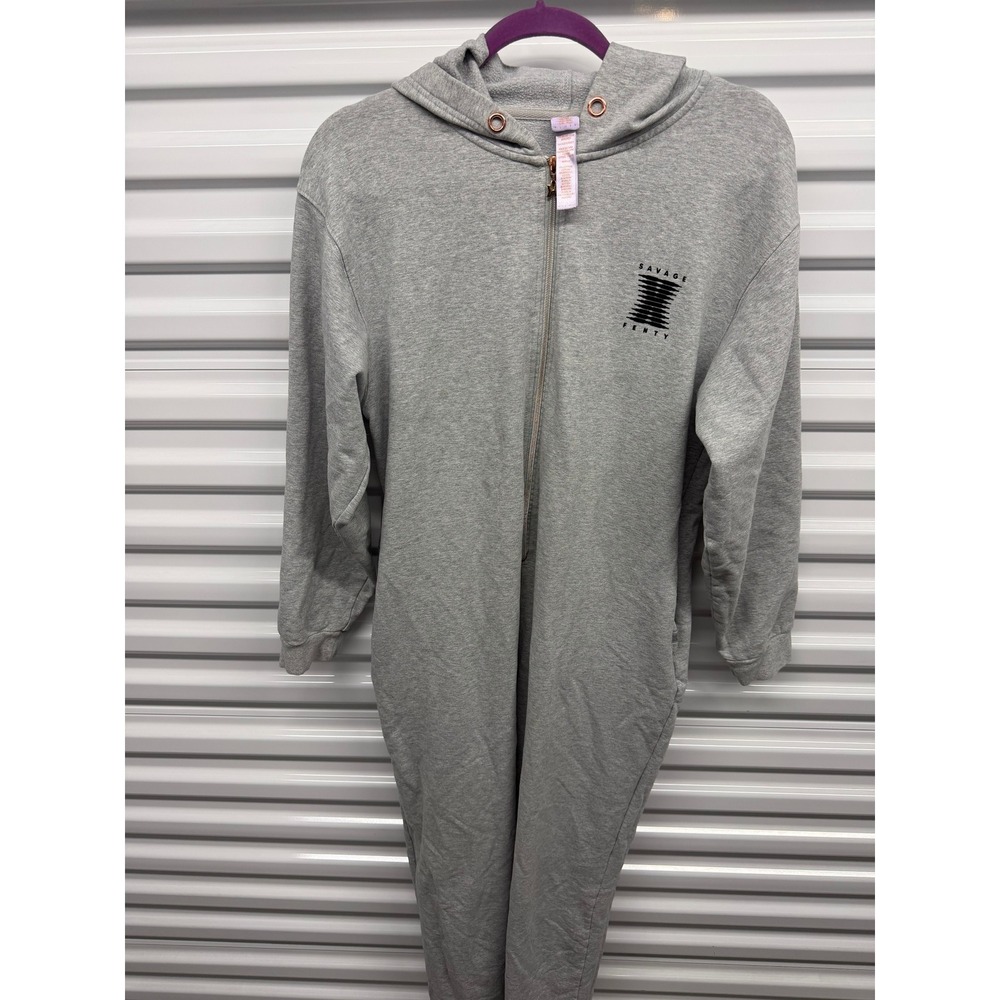 Savage X Fenty Gray Hooded Full Zip Jumpsuit Medium Fleece Loungewear Romper